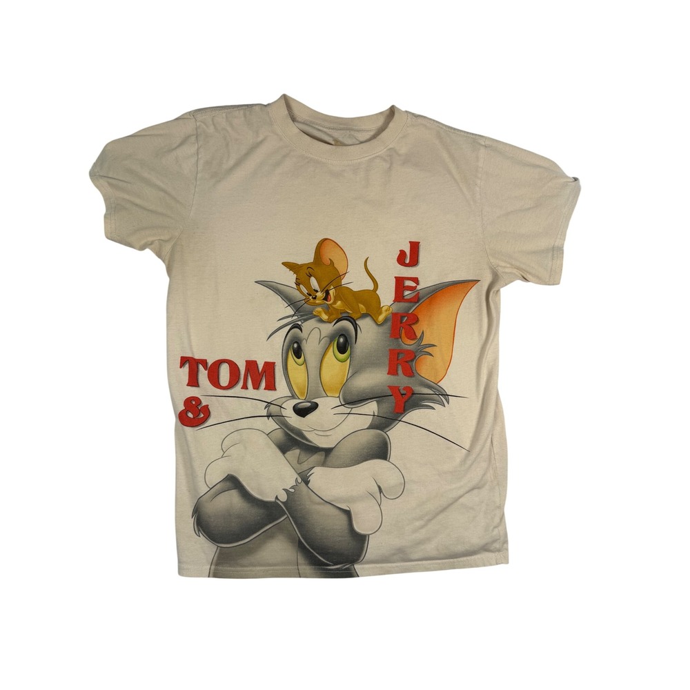 Tom & Jerry Graphic T-Shirt Cream Beige Cartoon Retro Mens Large L Short Sleeve‎